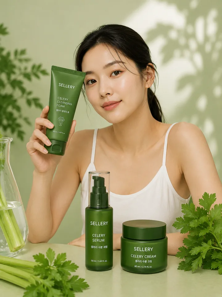 셀러리 클렌징 폼을 든 모델 컷